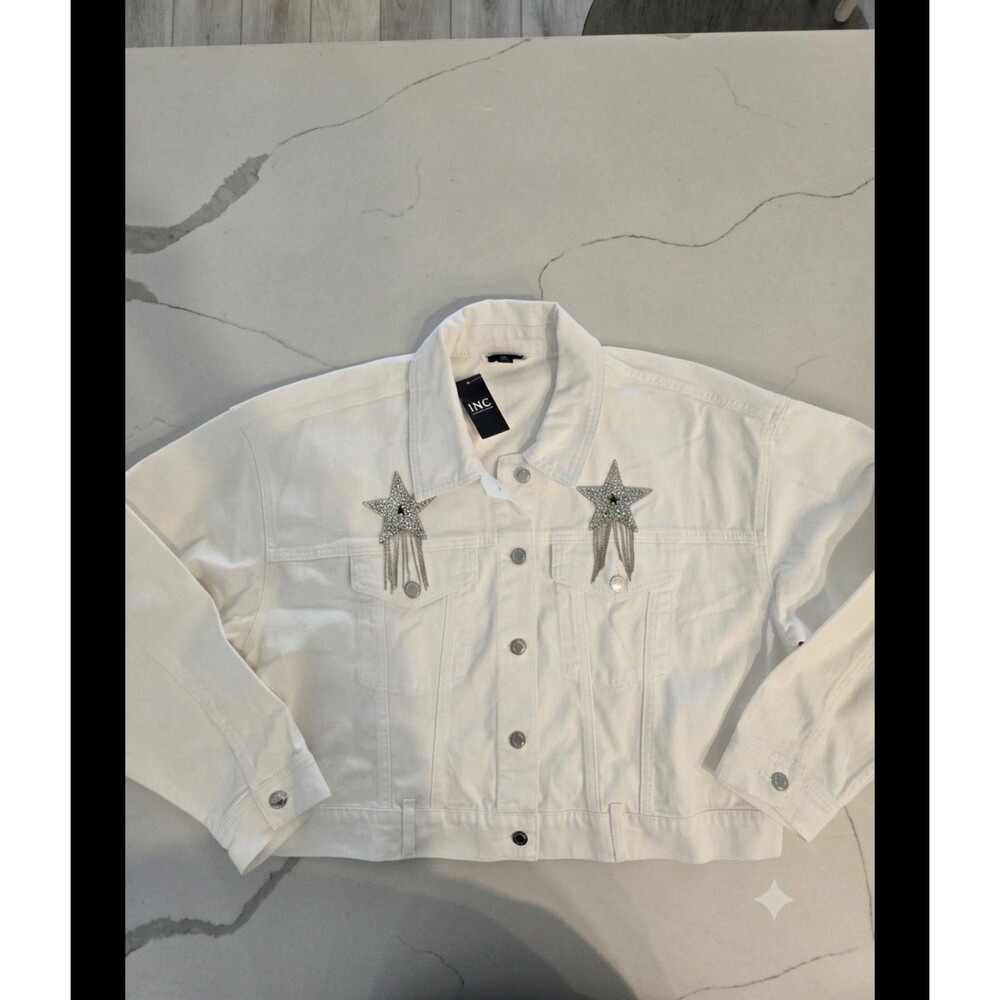Inc Womens White Denim Jacket Rhinestone Star Fringe Western Trucker New